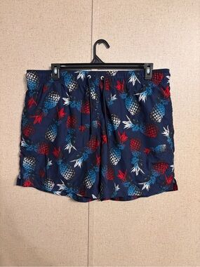 George Navy Pineapple Print Swim Trunks with Red & Blue Accents